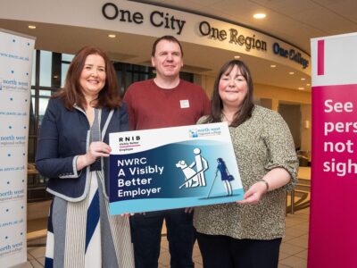 From left Wendy Herbison RNIB Joe Kenny RNIB Fiona Hamilton NWRC celebrate the Colleges new award