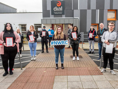 Group of NWRC students standing socially distanced outside DIAL building