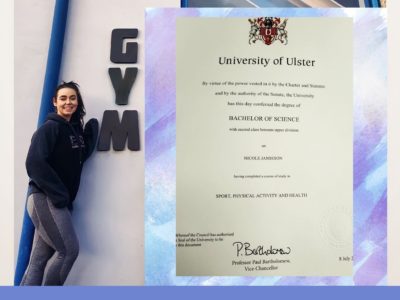 Picture of woman standing outside Limitless gym smiling. Also an inset of her degree.